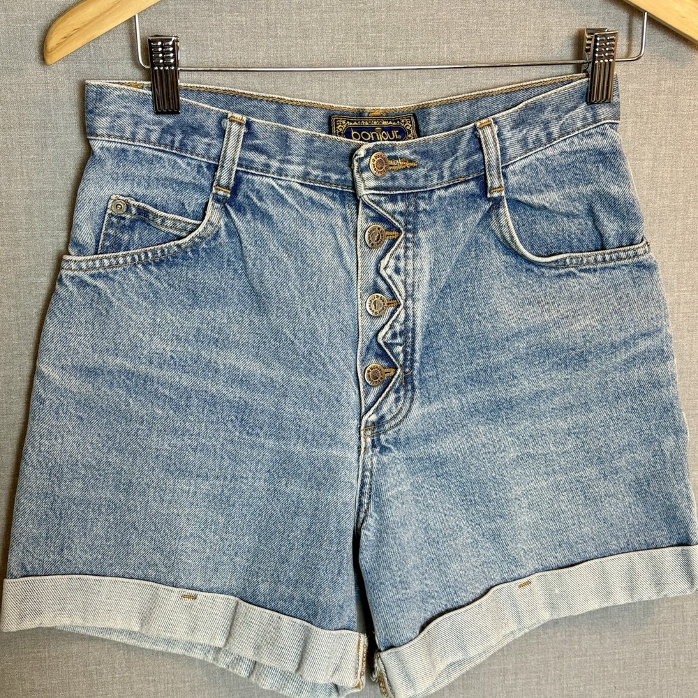 Vintage 90s Highwaisted BONJOUR Denim Shorts Zigzag Button Fly Rolled Cuffs Sz L